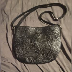 The Sak Alta Crossbody Bag Black Leather Floral Tooled Bucket Handbag Purse